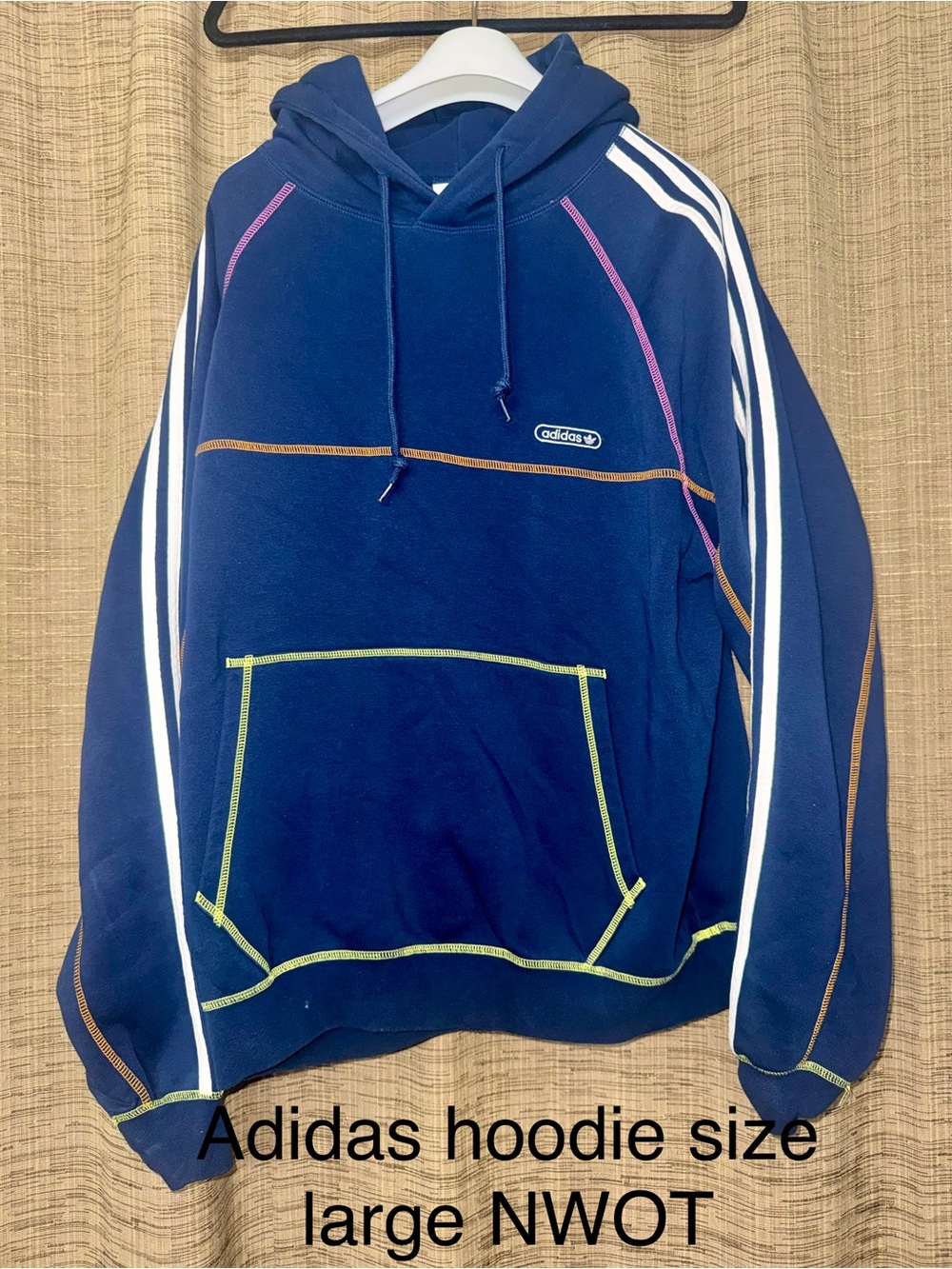 adidas Navy Blue Hoodie with Multicolor Contrast Stitching new no tags